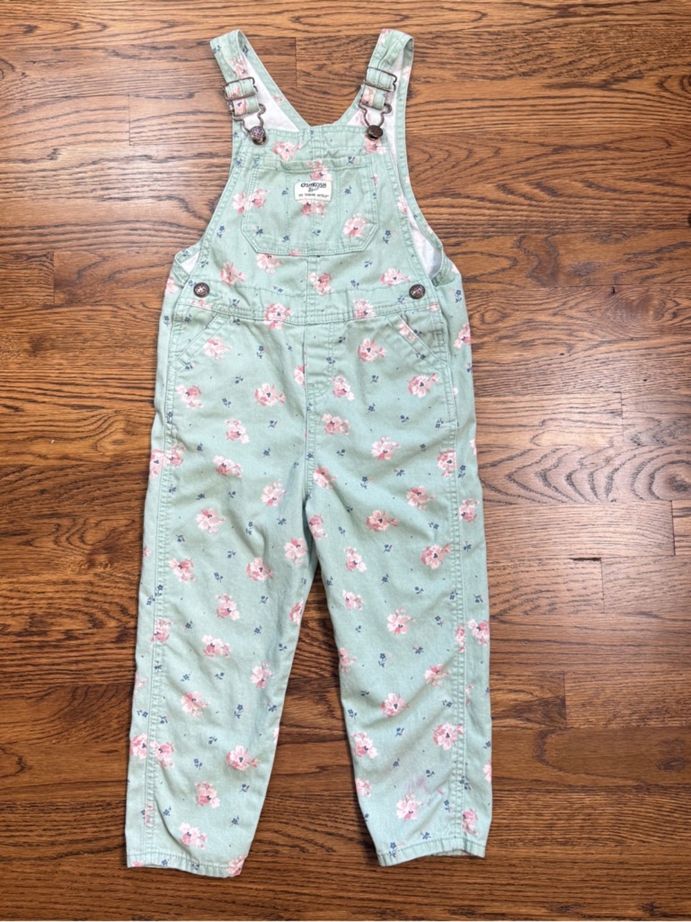 OshKosh Girls Floral Mint/ Sage Cotton Twill Green Overalls Adjustable Straps 5T